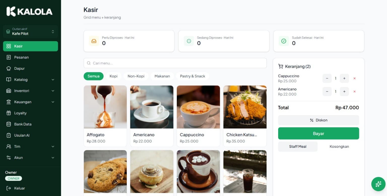 Tampilan kasir KALOLA: sidebar hijau gelap, kategori produk, status pesanan, dan keranjang pembayaran